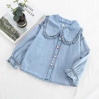 

Fall children's shirt Girl lace Lapel jeans casual shirt