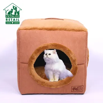 

Square Pet House Dog Cat Foldable Bed With Thicken Mat Plush Wool Round Hole Soft Winter Cushion Beds For Cats Small Medium Dogs