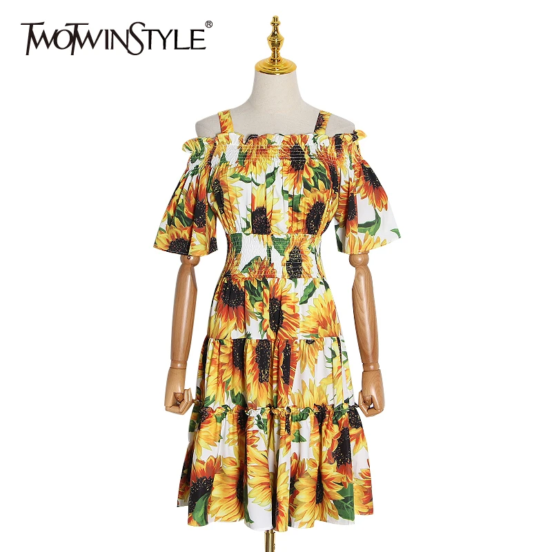 

TWOTWINSTYLE Print Hit Color Women's Dress Square Collar Off Shoulder Half Sleeve High Waist Mini Dresses Female Clothes Fashion