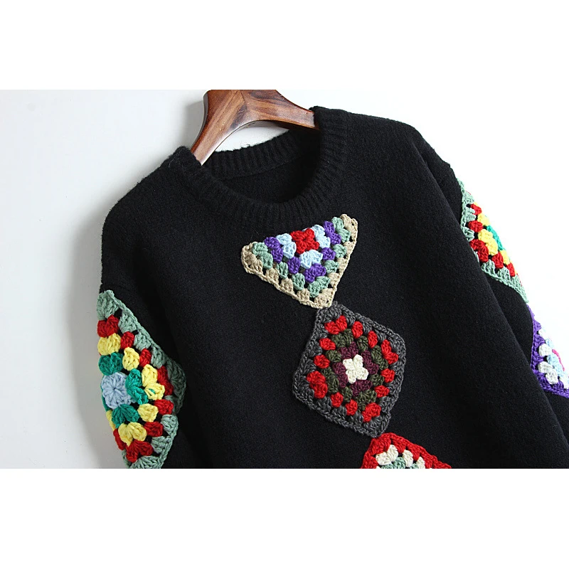 Высококачественный свитер с крючком, винтажный Зимний Рождественский, роскошный цветочный черный Свободный Длинный пуловер с круглым вырезом, джемпер