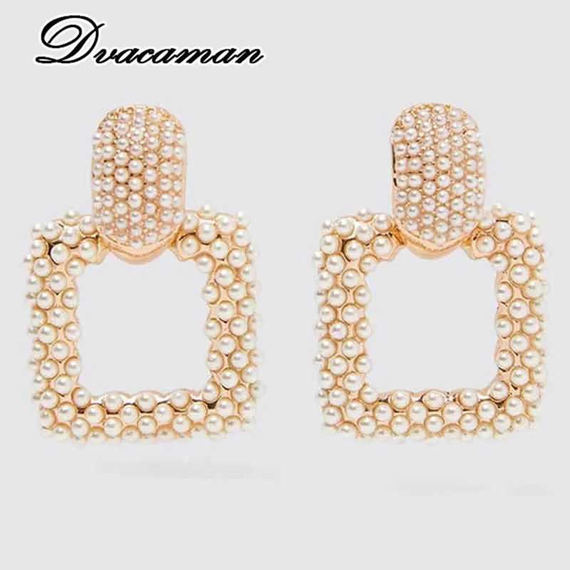 

Dvacaman 2019 ZA Vintage Geometric Gold Color Square Metal Drop Earrings for Women Fashion Pearl Earrings Hanging Jewelry Party