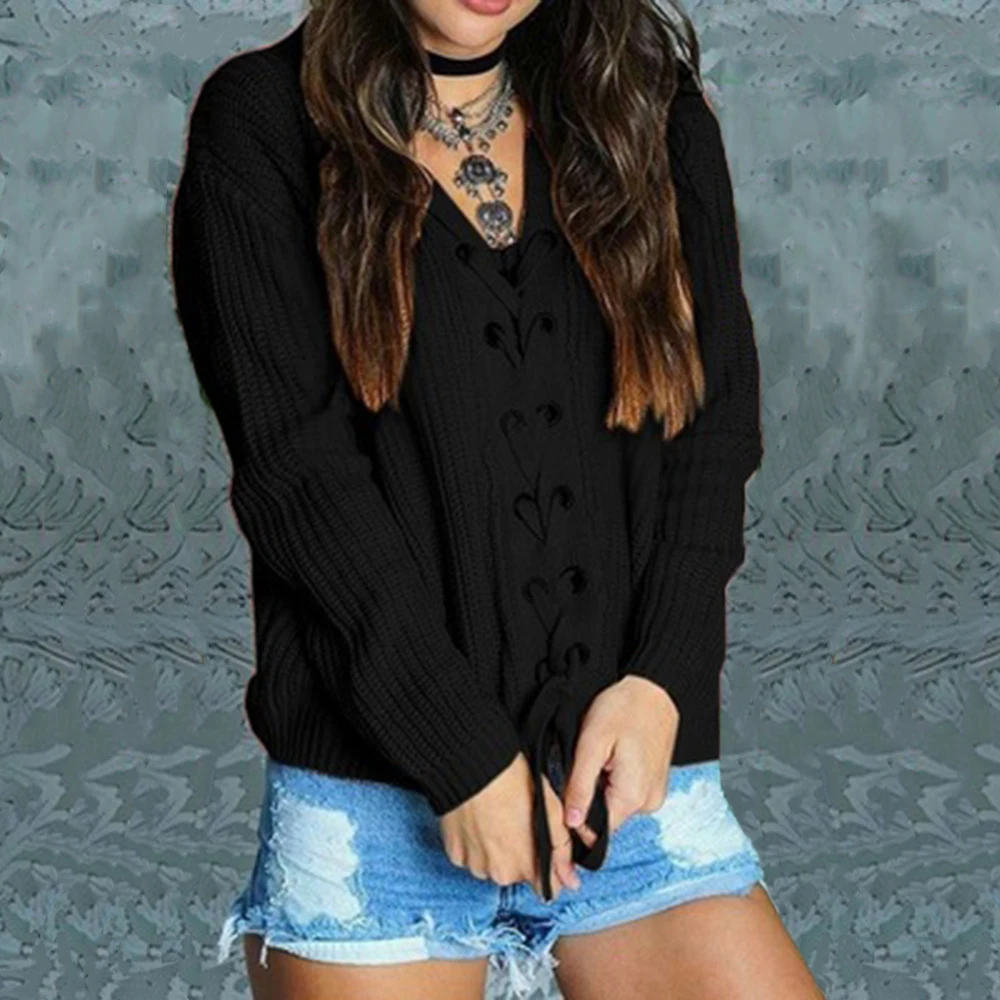 New Autumn Winter Knitted Sweater Women Solid Casual V Neck Drawstring Pull Femme Modish Slim Tricot Jumper Sexy Full Pullovers - Цвет: Черный