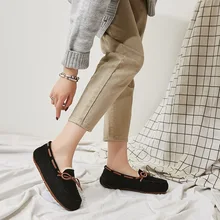 Мокасины; женская теплая обувь из флока на плоской подошве; повседневные Лоферы без застежки; женская обувь на плоской подошве; Мокасины с бантом