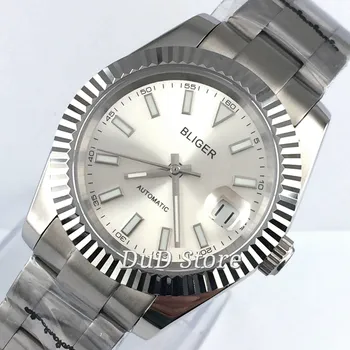 

Bliger 40mm Silver white dial Stainless steel solid case particular date window sapphire glass automatic mens watch