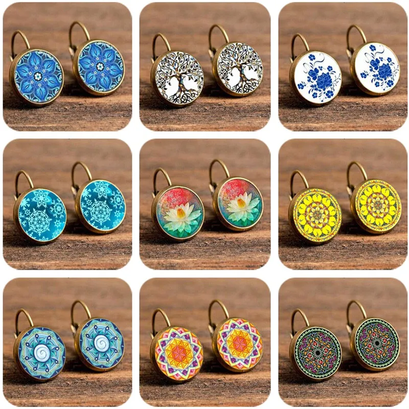 32 вида винтажных бронзовых сережек Life Mandala Flower Leopard Patten Ретро ушные крючки