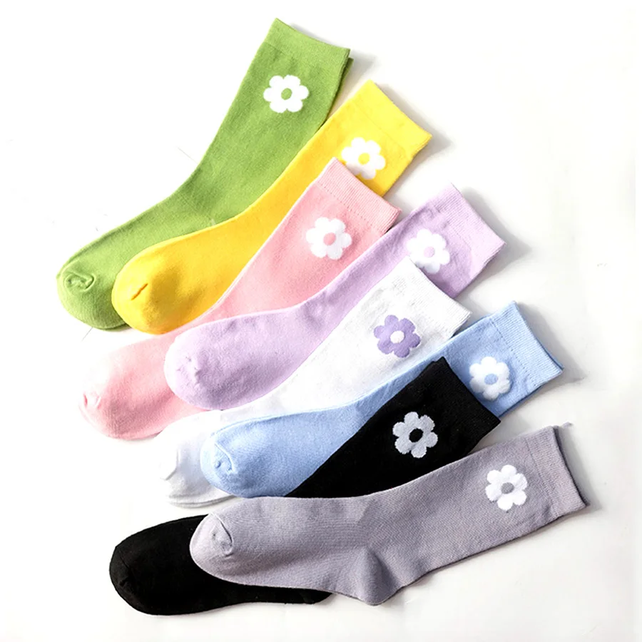 

Floral Pattern Women Socks Black White 8 Solid Colors Casual Cotton Crew Socks Female Stretchy Thin Socks Autumn Spring Style