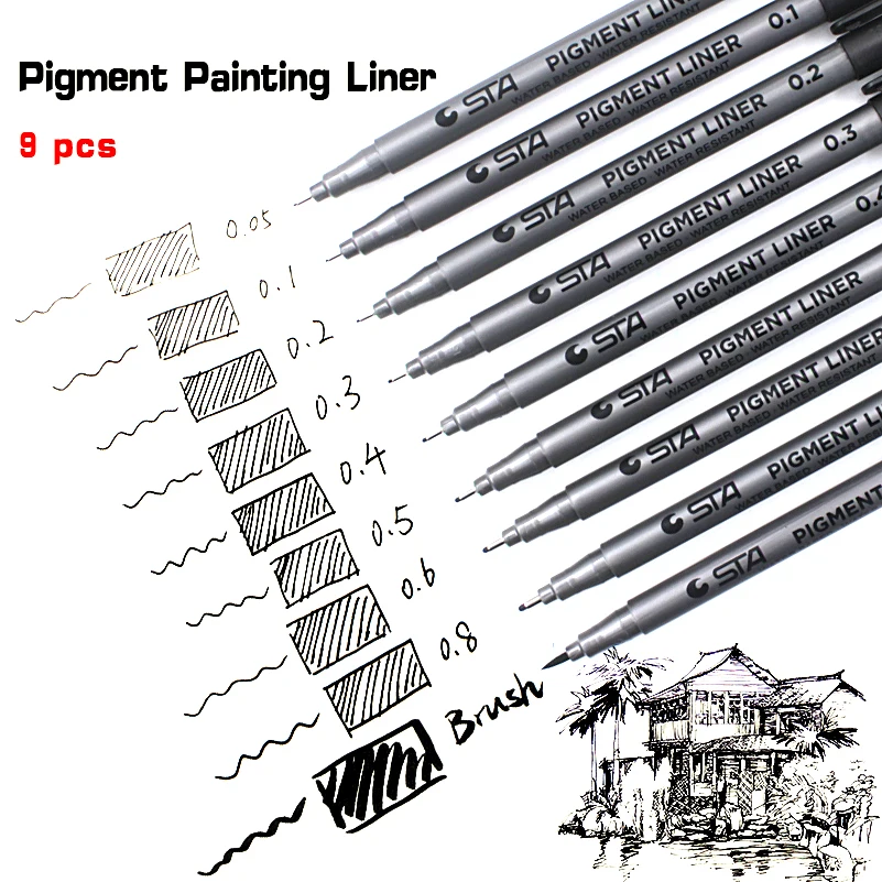9pcs/Lot For Copic Markers for STA Water Based Brush 9 Sizes Pigment Liner Fineliner Pens Art School Supplies | Канцтовары для
