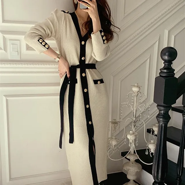 New Summer Sweater Women Dress Sleeveless Sweaters Knitted Dresses Womens Long Loose Maxi Oversize Knitting Robe Vestido Apricot long sleeve