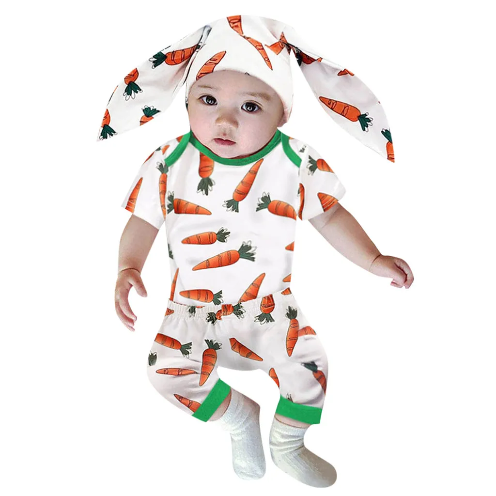 

New 1PC romper+1PC pants+1PC hat Infant Baby Girls Easter Day Carrot Bodysuit Romper+Pants+Rabbit Ears Hat Set Cute baby suit Y4
