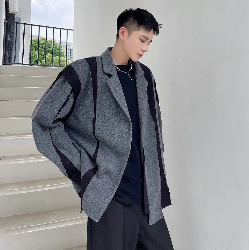 2021 Winter Thicken Raw Edge Splice Woolen Men's Suit Coat Japanese Streetwear Vintage Fashion Loose Casual Suit Jacket Blazer