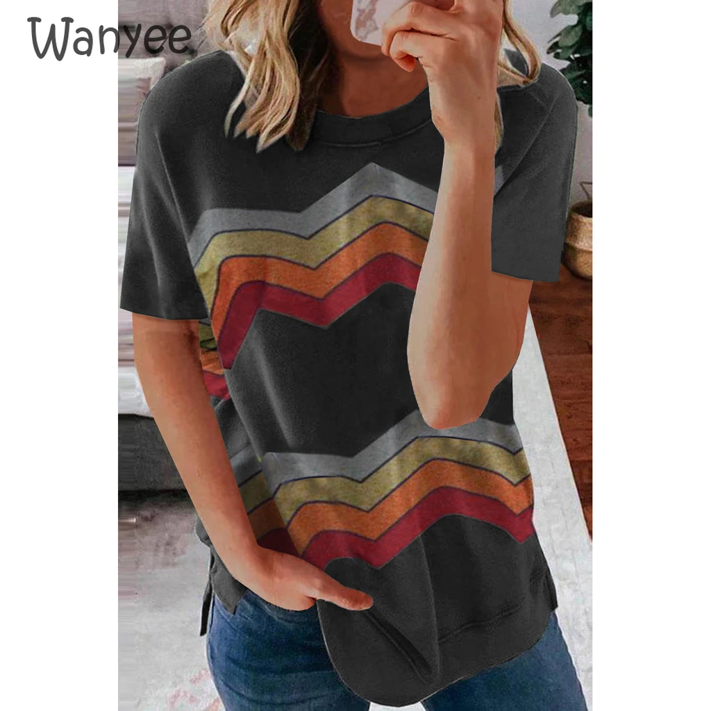 

Women's Printing All-match Top Ladies Loose Short-Sleeved T-Shirt Summer Streetwear Comfortable Female Casual Striped Round Neck