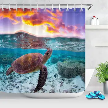 

Sea Turtle Pattern Bath Curtains Marine Animal Life Bathroom Fabric Shower Curtain Waterproof Polyester Curtain with 12 Hooks