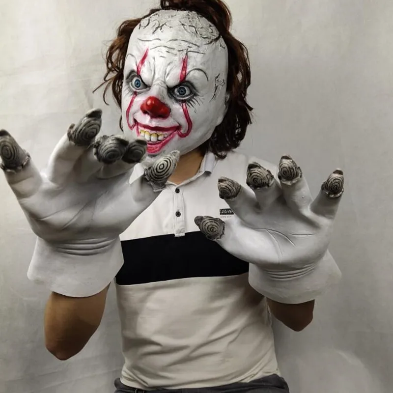 Костюм клоуна для косплея из двух частей, Костюмы Клоуна на Хэллоуин, перчатки, маска для взрослых и детей