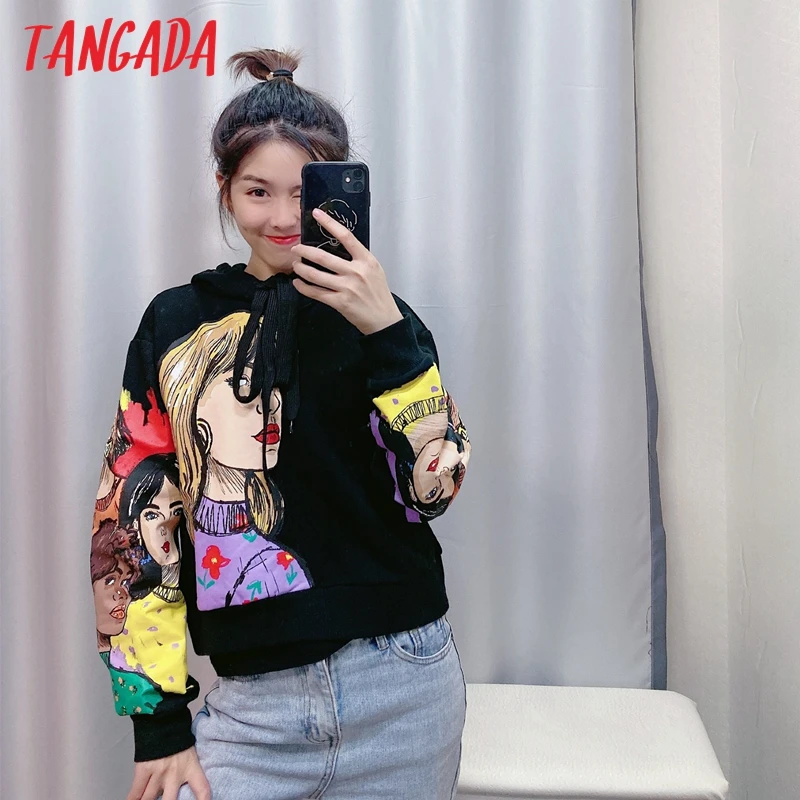 Tanie Tangada kobiety charater drukuj czarne bluzy oversize z długim rękawem O neck luźne swetry casual bluzki damskie CE209