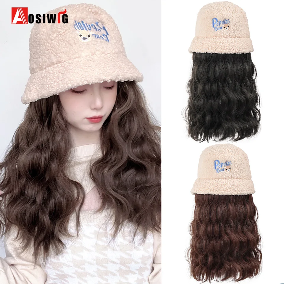 AOSIWIG Women's Synthetic Fiber Mid-length Curly Hair Wavy Straight Winter Warm Velvet Bucket Hat Wide Brim All-in-one Wig |