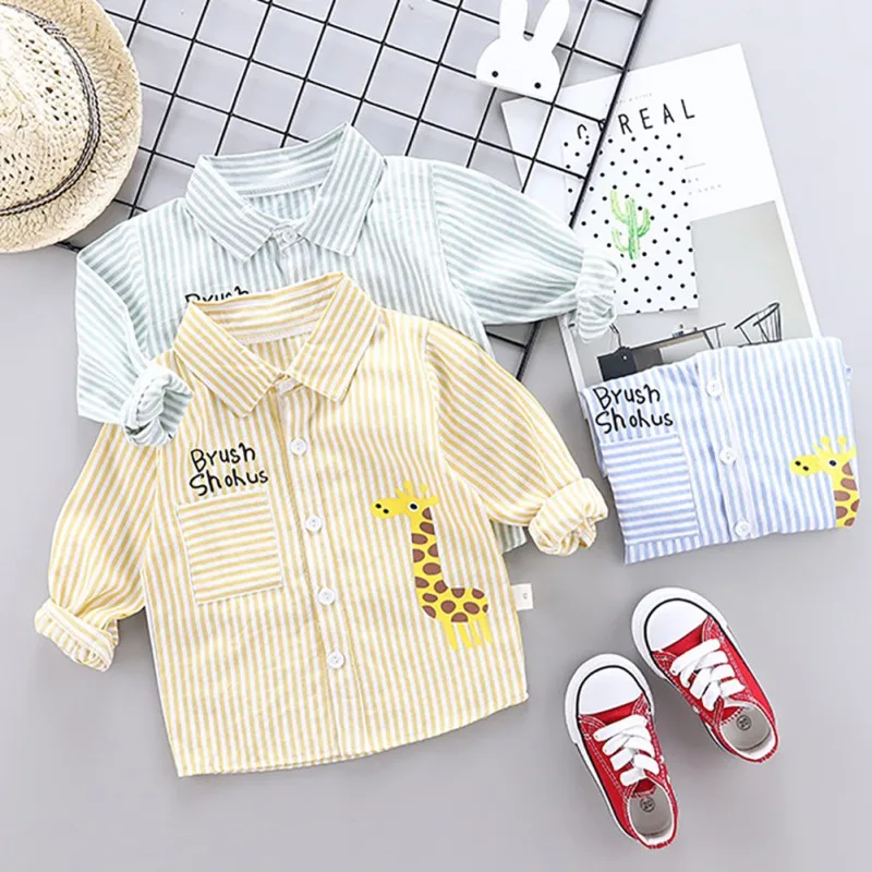 Осенняя одежда для маленьких мальчиков полосатые рубашки с длинными рукавами и принтом жирафа детские топы, футболки, повседневные рубашки