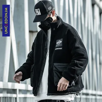 

UNCLEDONJM Lamb fur coat Korean version of black loose lamb velvet men jacket techwear mens fashion clothing trends coat H9029