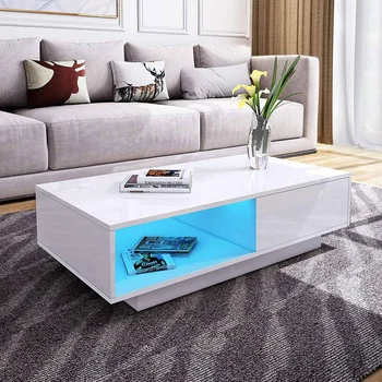 RGB LED End Table High Gloss Nordic Coffee Tables Modern Side Table Living Room Drawers Cabinet Storage Organizer Furniture
