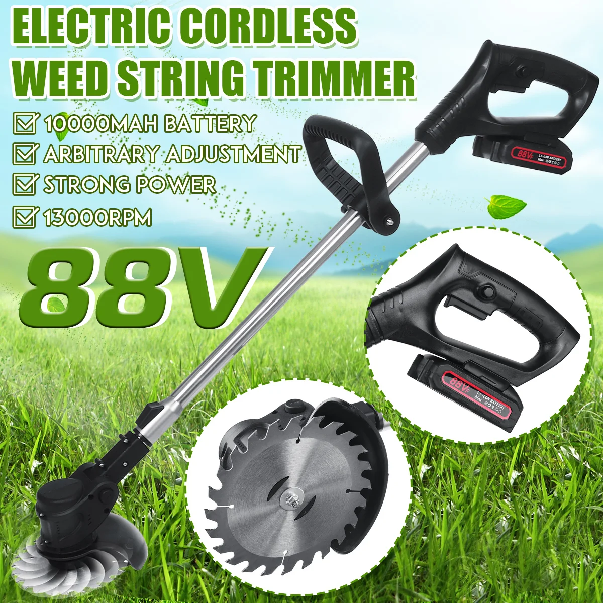 88V 13000RPM Electric Lawn Mower Cordless Grass Hedge Trimmer Adjustable Handheld Mowing Machine Garden Power Tool EU Plug