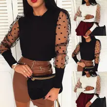 Best Price NEW Fashion Women Round Collar Polka Dot Mesh Sheer Tee See-through Long Puff Sleeve Slim Fit Club Tops Casual T-Shirts Best Price NEW Fashion Women Round Collar Polka Dot Mesh Sheer Tee See-through Long Puff Sleeve Slim Fit Club Tops Casual T-Shirts