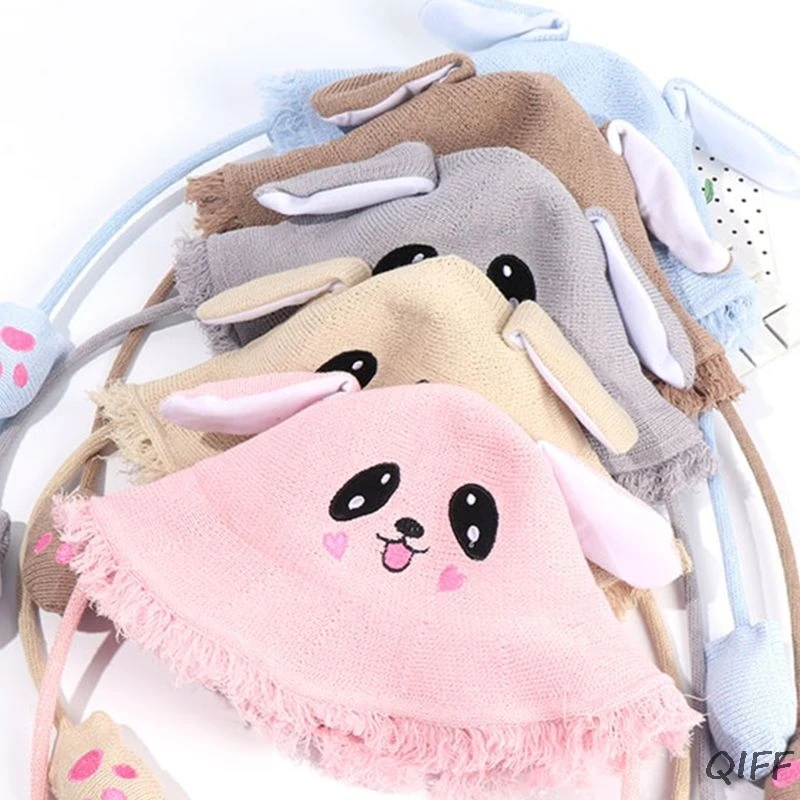 Children Kids Cute Rabbit Ears Animal Bucket Hat Toddler Sun Protection Wide Brim Tassels Funny Moving Airbag Knitted Beanie Cap
