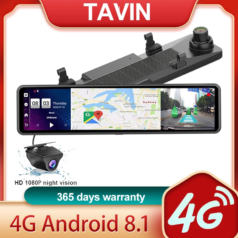 Nuevo  TAVIN 4G Wifi coche Dvr Cámara Android 8,1 cámara de salpicadero de 12 pulgadas cámara de vídeo para espejo retrovisor Full HD 1080P con navegación GPS ADAS OnwZe3bom9l