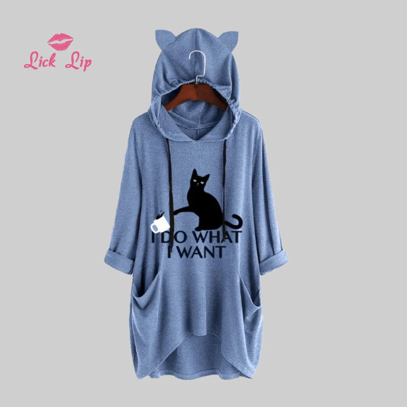 Lick губы Большой Размер 4XL 5XL кошка печать ночнушка Длинные рукава карман с капюшоном ночная рубашка милые свободные удобные Домашняя одежда SWA10116-3