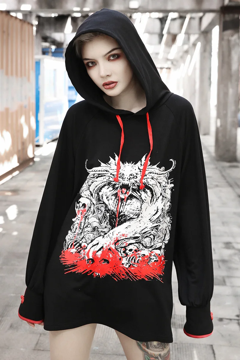 Ruibbit Harajuku винтажная женская готическая BF с рисунком дракона черная уличная одежда с длинным рукавом свободная толстовка с капюшоном