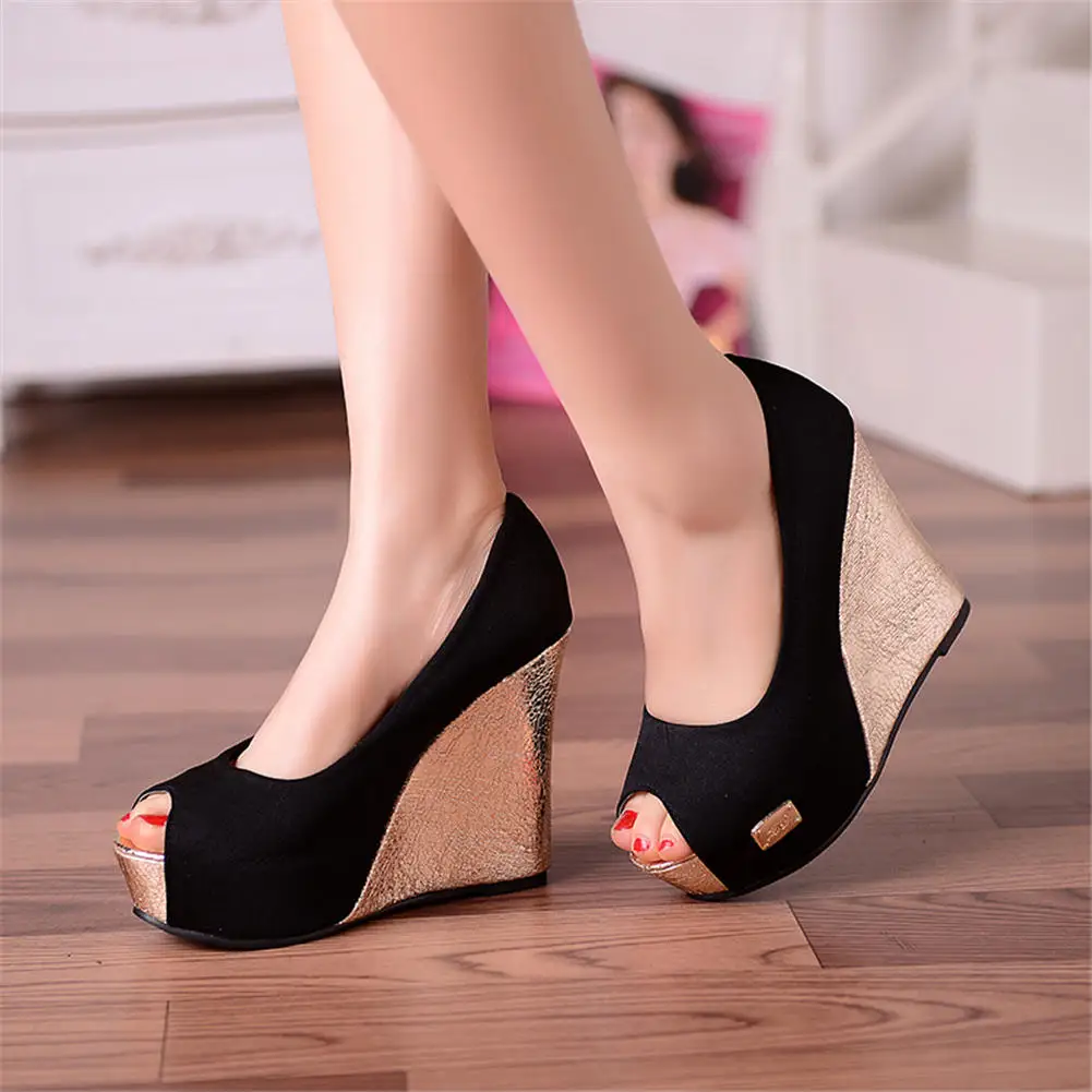 

2019 Sexy Black Platform Party Wedding Pumps Women 11.5 Cm Spring Elegant Shallow Super High Heel Wedges Shoes Woman