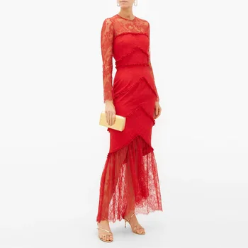 

Gedivoen Autumn Fashion Designer Midi Dress Women Long Sleeve Cascading Ruffle Lace Solid Red Party Dress Elegant Ladies Dresses