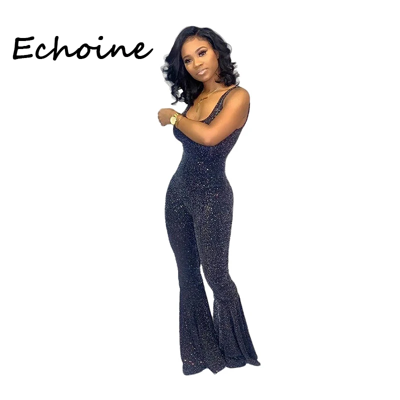 

Echoine Sexy Spaghetti Straps Jumpsuit Balckless Sleeveless Long Wide Pants Rompers Womens Jumpsuit Overalls