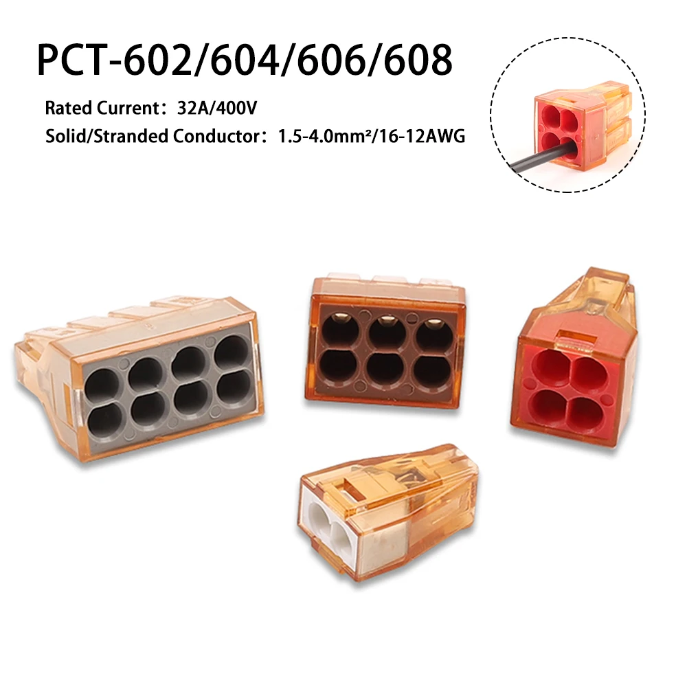 

30/50/100pcs Quick Wire connector PCT-602 604 606 608 Compact Push in Terminal Block Connector 2/4/6/8 Pin Lever1.5-4 AWG 16-12