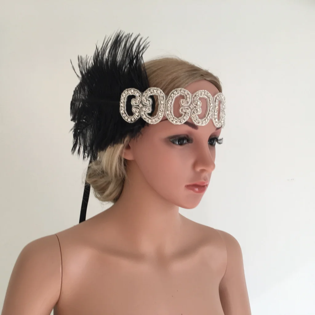 Женские 1920s Charleston повязка для волос с перьями стразы аксессуары для костюма