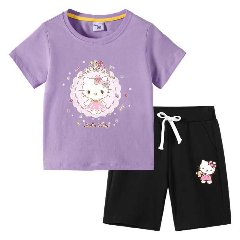 thumbnail image 1 of Hello Kitty-Camiseta de algodón con estampado de dibujos animados para niños y niñas, traje de dos piezas con pantalones de manga corta, verano, 1 of 5