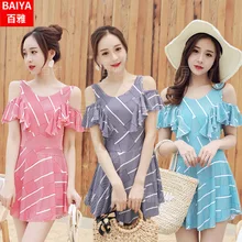 Новое летнее платье с воланами-купальник в полоску с принтом женские пляжные купальники 668035