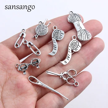 

Mix Tibetan Silver Plated Sewing Ruller Needle Scissors Charm Pendants For Jewelry Making Bracelet Findings Accessories