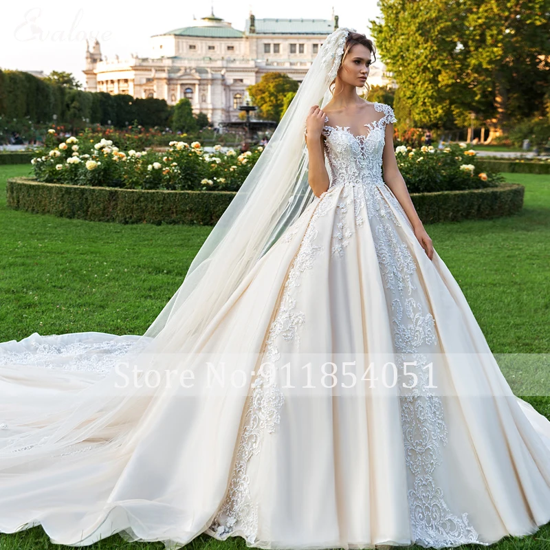 EVALOVE Gorgeous Appliques Beading Chapel Train Ball Gown Wedding Dress Elegant Scoop Neck Cap Sleeve Custom Vintage Bridal Gown bridal shower dress