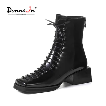 

Donna-in T-tied Zipper Square Toe Thick Heel Mid-heel Martin Boots Designer Vintage Fashion Women's Motorcycle Boots