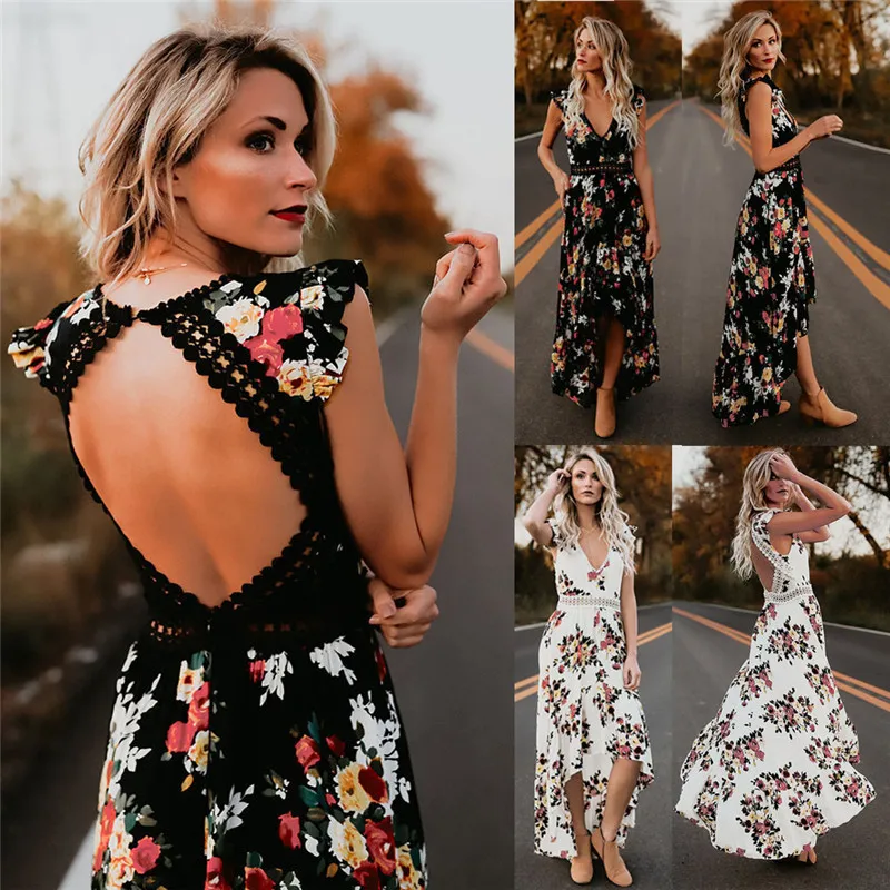 

Europe And America New Style Irregular Swallow Tail Long Skirts Hollow out Backless Printed Sleeveless Dress