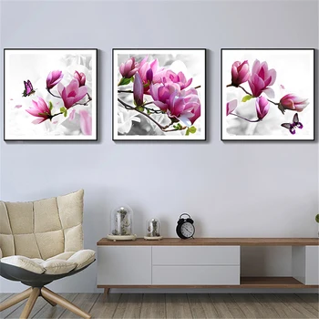 

3 Panel Wall Art Flower Painting Modular Picture Butterfly Canvas Pink Posters Living Room Decor Art Print Home Kitchen Decor
