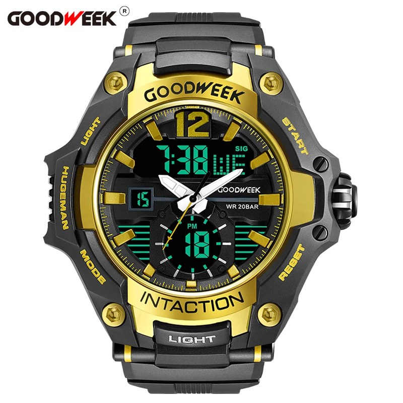 gold GOODWEEK спортивные часы с большим циферблатом для мужчин, водонепроницаемые цифровые кварцевые часы с Led двойным дисплеем, часы с хронографом, Relogios Masculino - Цвет: gold