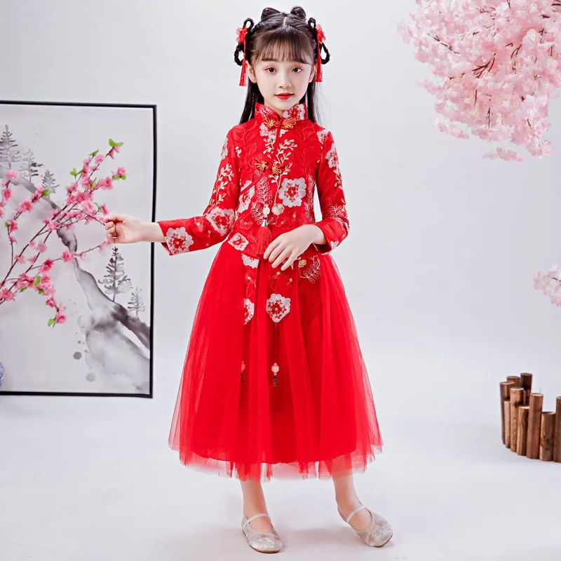 

Autumn Winter Chinese Cheongsam Kids Girl Dress Ancient Hanfu Tang Dress Clothes Costume Dynasty National Vestido 4-11Years