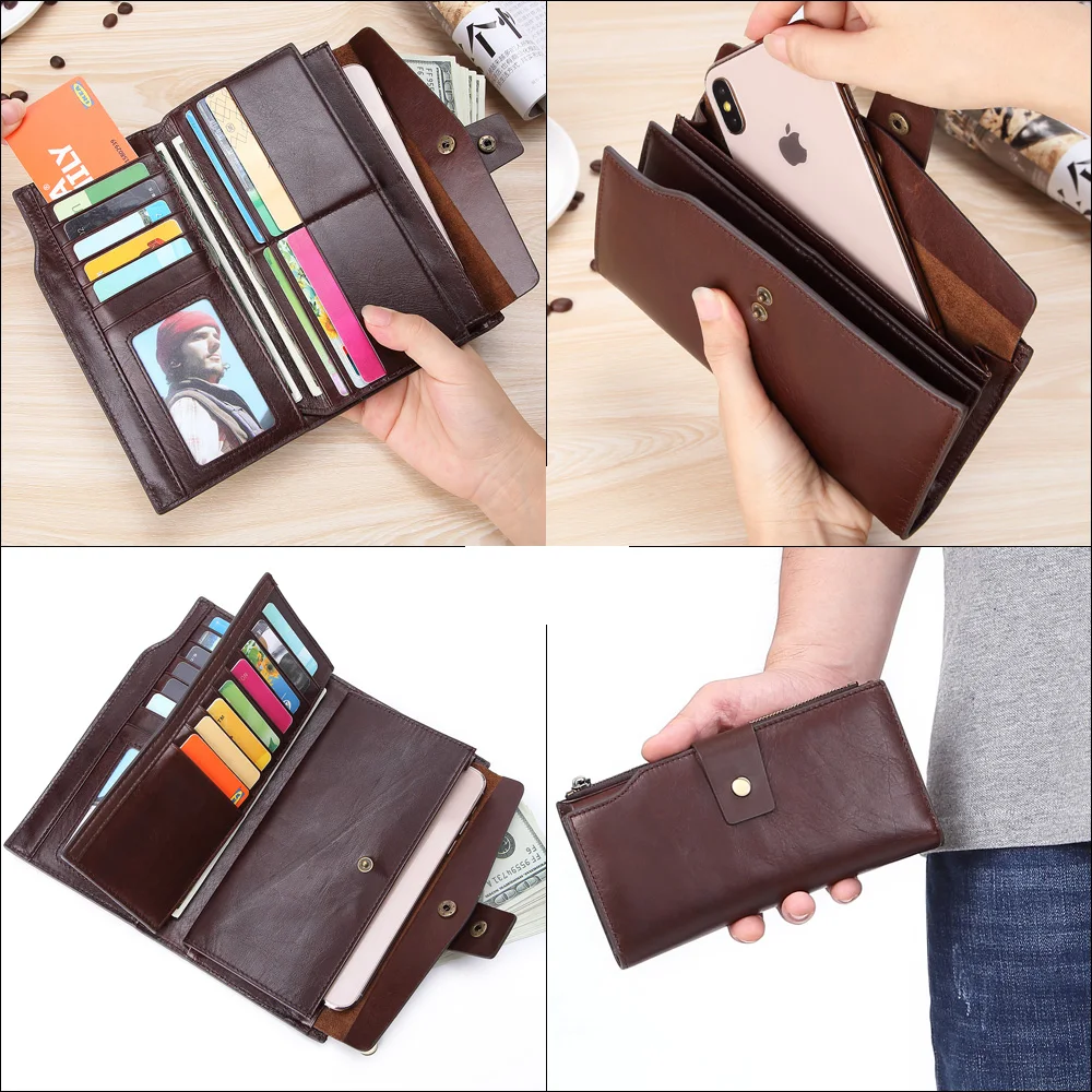 Flanker vintage long clutch wallets genuine leather organizer purse zipper pocket business male cell phone money bag card holder