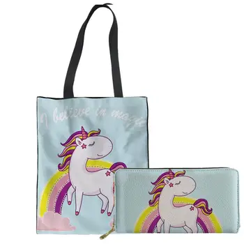 

NOISYDESIGNS Women's Bag Shopping Tote Large Capacity Handbags Ladies 2pcs/set Cute Unicorn Printing Canvas Bolsas De Tela