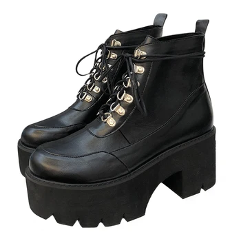 

2020 autumn new female boots black handsome high-heel lace up all-match platform ankle boots