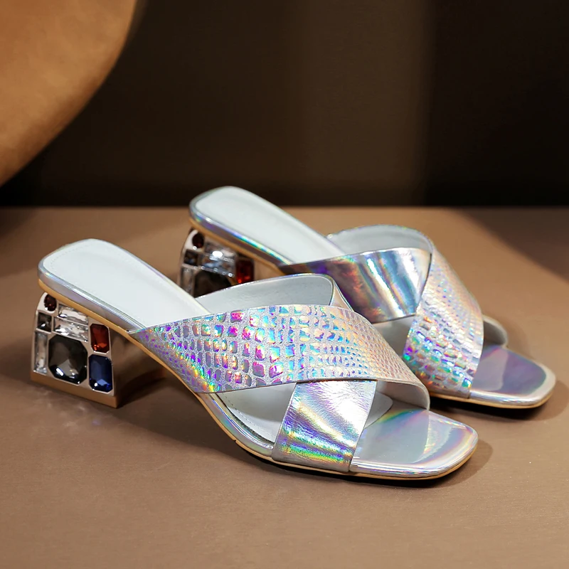 

Big size 34-42 women's genuine leather slip-on high heel sandals open toe summer slides high quality crystal heels mules shoes