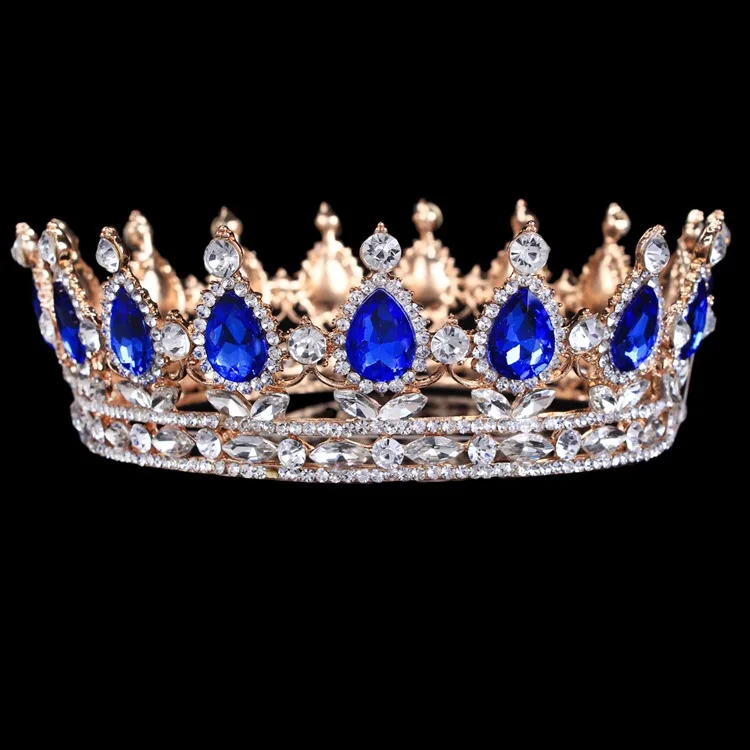 Винтажная диадема в стиле барокко, Королевская корона невесты, корона для женщин, головной убор для выпускного, свадебные диадемы и короны, ювелирные изделия для волос, аксессуары - Окраска металла: Gold Blue