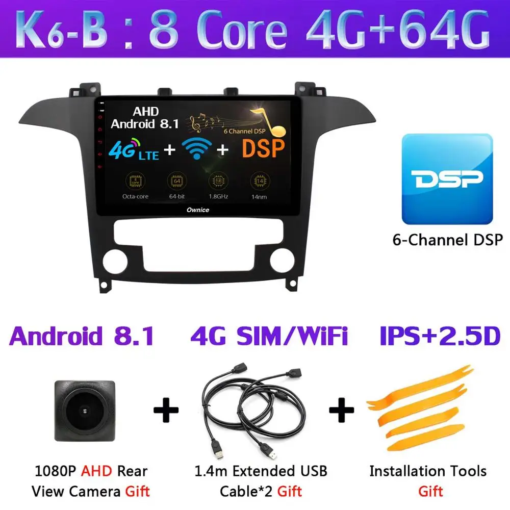 360°Pano ram ic 4×камера 4G LTE 4 ГБ ОЗУ+ 32 ГБ Android 9,0 ips Автомагнитола для Ford S-Max S Max 2007 2008 gps Navi DSP CarPlay - Цвет: K6-B