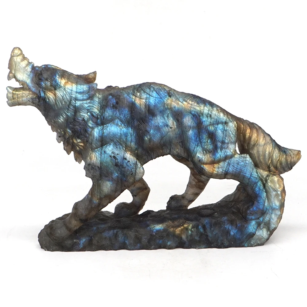 

5.3" Wolf Statue Natural Gems Labradorite Crystal Carved Animal Figurine Decor