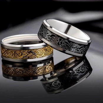 Vintage Gold Dragon 316L Ring Jewelry Red Blue Black Dragon Inlay Comfort Fit Stainless Steel Rings for Men Wedding Ring Wide